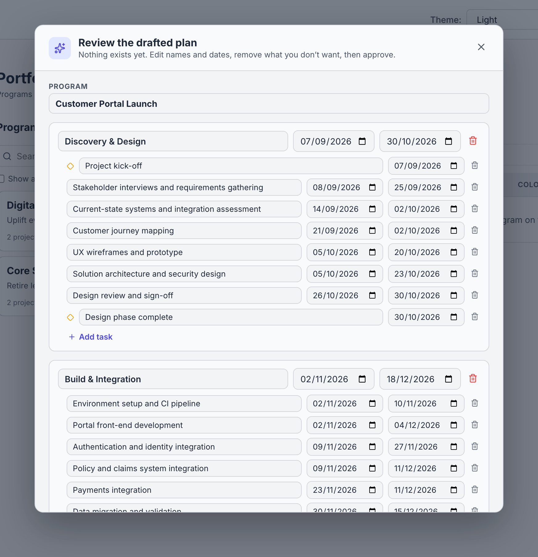 The drafted plan in the review screen: nothing exists yet, edit names and dates, remove what you don't want, then approve