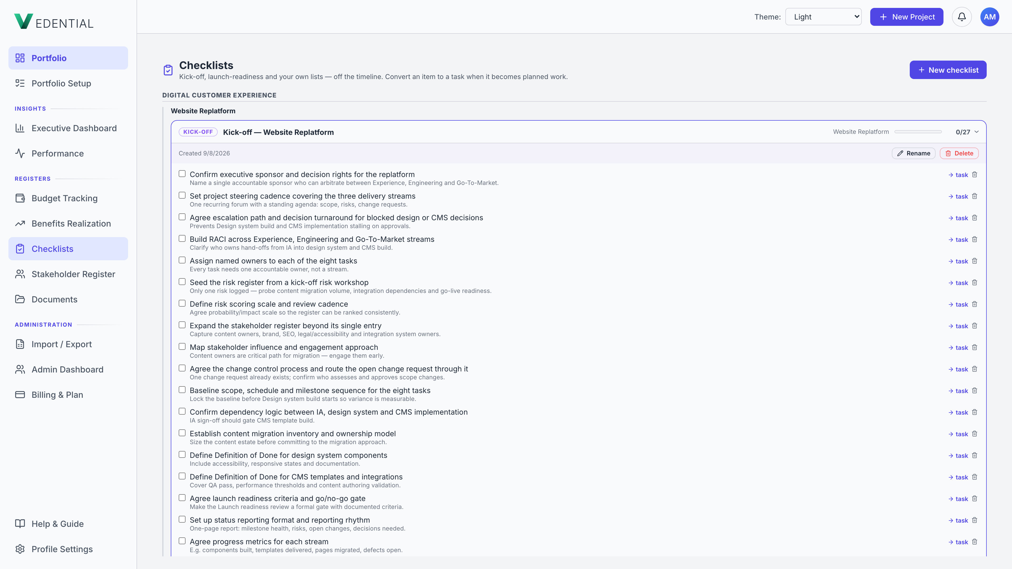 Vedential checklists page — an AI-drafted kick-off checklist grouped under its program, off the timeline